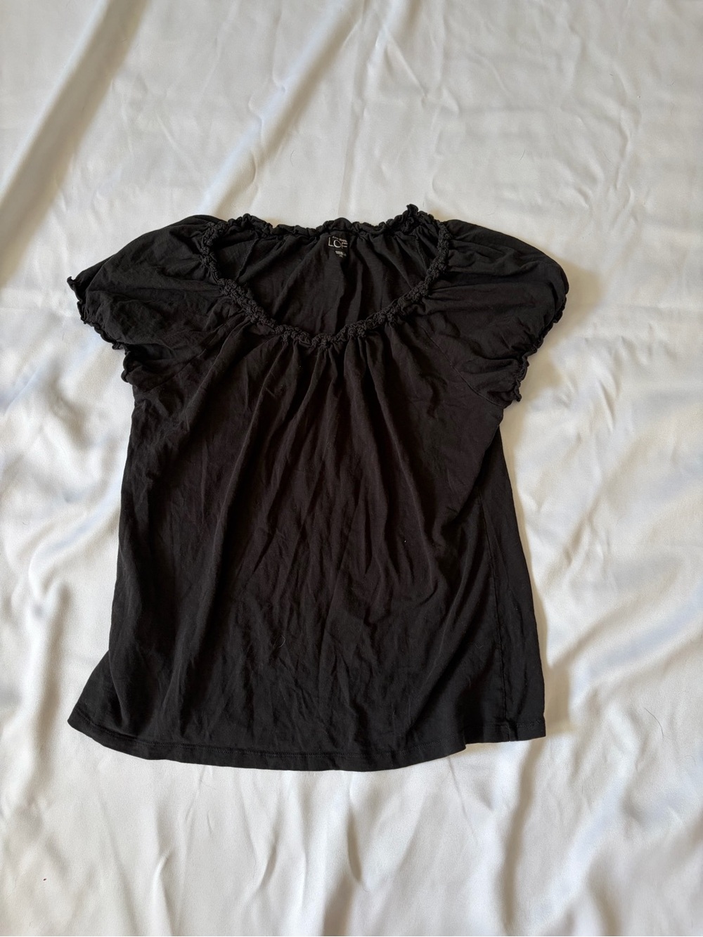 LOFT Black Short Sleeve Ruffle-Trim Tee scoop neck